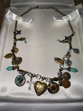 Brass plate Rhinestone Heart Charm Necklace with Turquoise and Gold Accents